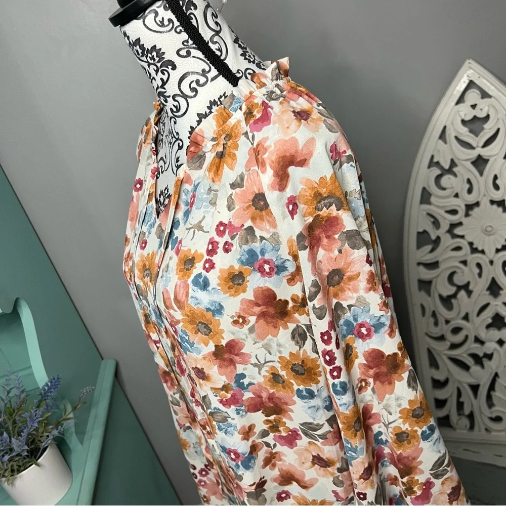 Boutique Boho Floral Mock Neck Bell Sleeve Blouse Size XL - Picture 6 of 11